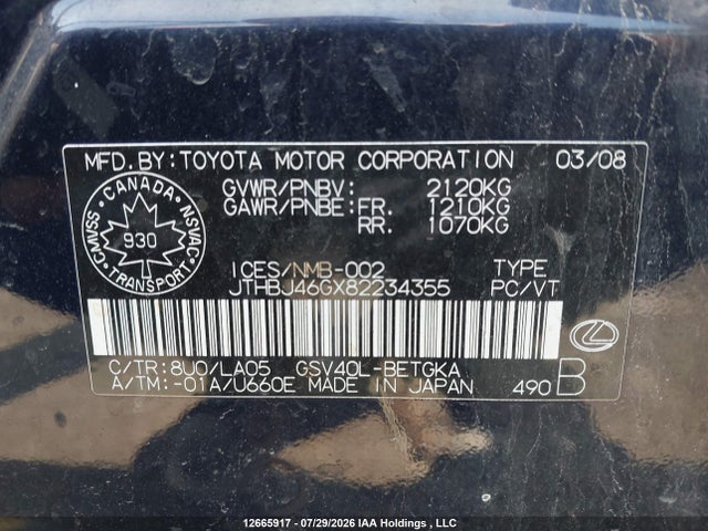 Aukcja sprzedaży 2008 Lexus Es 350 350, vin: JTHBJ46GX82234355, numer aukcji: 12665917