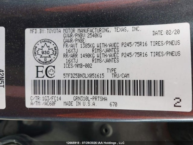 2020 Toyota Tacoma მანქანა იყიდება აუქციონზე, vin: 5TFDZ5BN3LX051615, აუქციონის ნომერი: 12665918