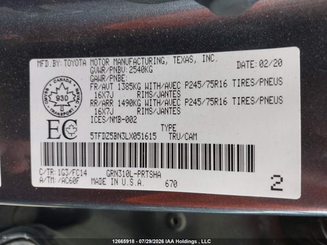 2020 Toyota Tacoma მანქანა იყიდება აუქციონზე, vin: 5TFDZ5BN3LX051615, აუქციონის ნომერი: 12665918