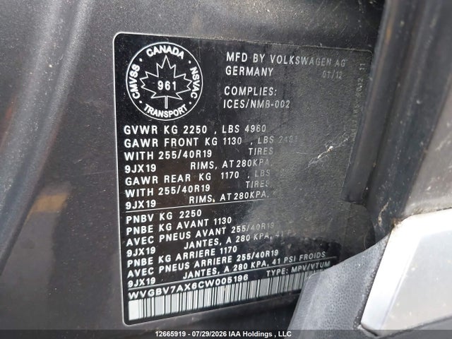 Продаж на аукціоні авто 2012 Volkswagen Tiguan S/se/sel, vin: WVGBV7AX6CW005196, номер лоту: 12665919