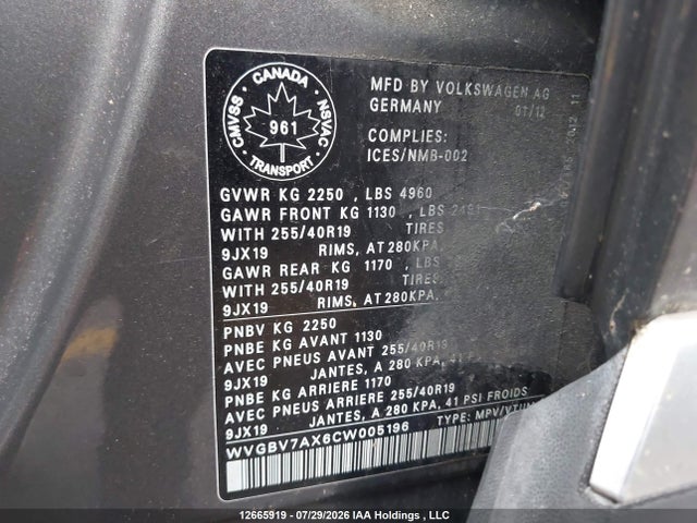 Продаж на аукціоні авто 2012 Volkswagen Tiguan S/se/sel, vin: WVGBV7AX6CW005196, номер лоту: 12665919
