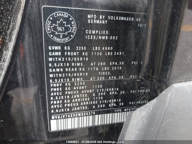 Продаж на аукціоні авто 2013 Volkswagen Tiguan, vin: WVGJV7AX9DW556378, номер лоту: 12665931