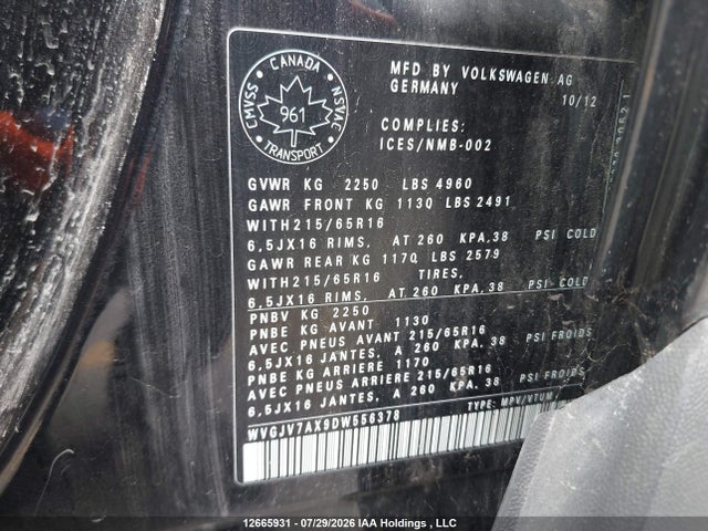 Продаж на аукціоні авто 2013 Volkswagen Tiguan, vin: WVGJV7AX9DW556378, номер лоту: 12665931
