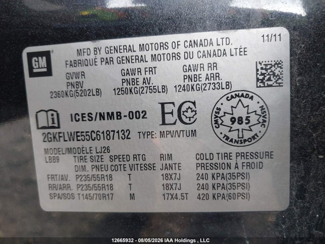 12665932 :رقم المزاد ، 2GKFLWE55C6187132 vin ، 2012 Gmc Terrain Slt مزاد بيع