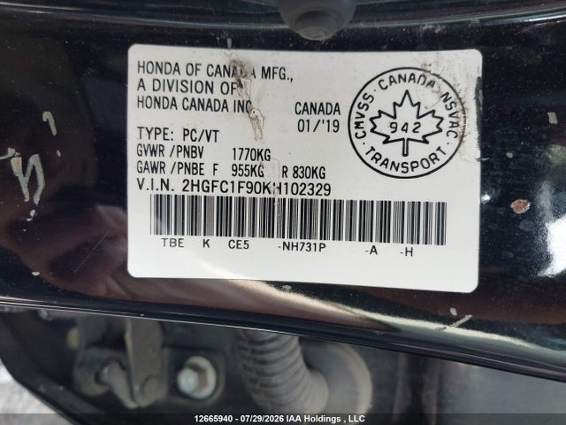 Продаж на аукціоні авто 2019 Honda Civic, vin: 2HGFC1F90KH102329, номер лоту: 12665940