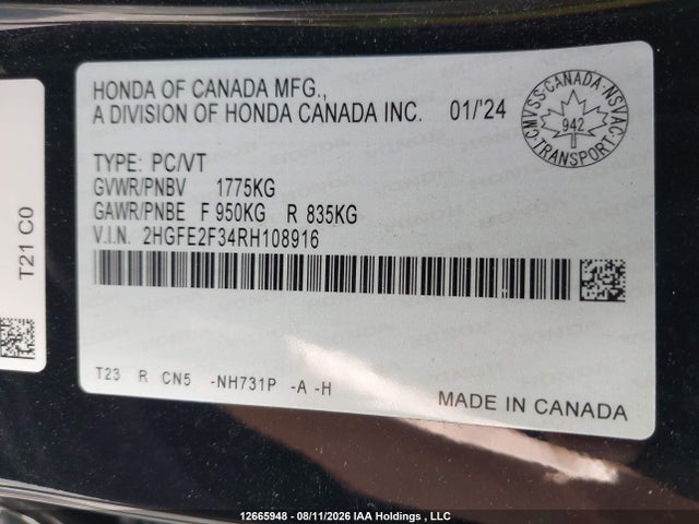 12665948 :رقم المزاد ، 2HGFE2F34RH108916 vin ، 2024 Honda Civic Ex مزاد بيع