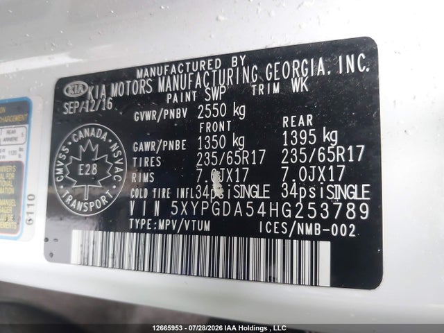 12665953 :رقم المزاد ، 5XYPGDA54HG253789 vin ، 2017 Kia Sorento Lx/l مزاد بيع