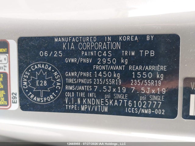 Продаж на аукціоні авто 2026 Kia Carnival Sx/sx Prestige, vin: KNDNE5KA7T6102777, номер лоту: 12665955