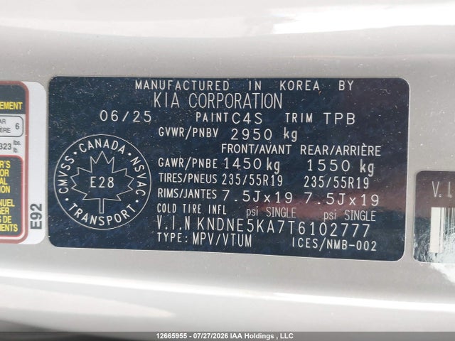 Продаж на аукціоні авто 2026 Kia Carnival Sx/sx Prestige, vin: KNDNE5KA7T6102777, номер лоту: 12665955