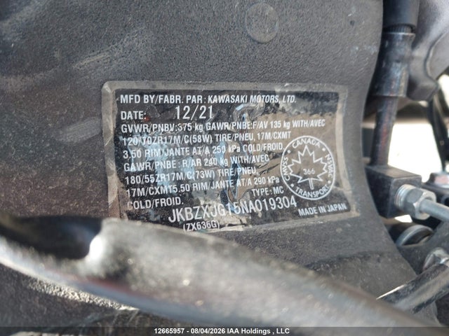 12665957 :رقم المزاد ، JKBZXJG15NA019304 vin ، 2022 Kawasaki Zx636 K مزاد بيع