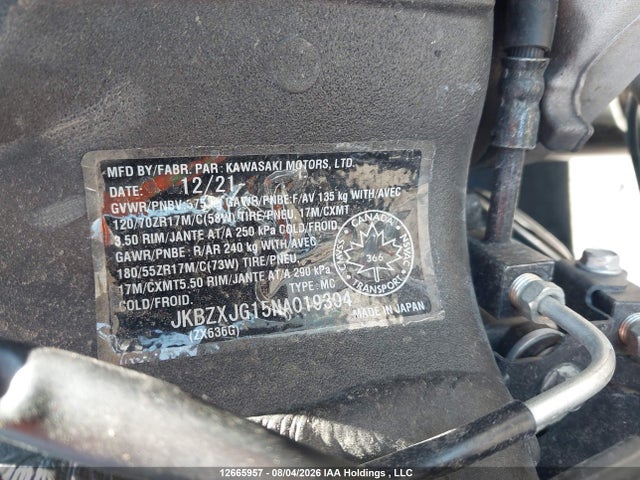 12665957 :رقم المزاد ، JKBZXJG15NA019304 vin ، 2022 Kawasaki Zx636 K مزاد بيع