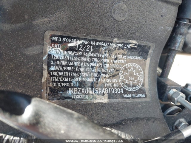 12665957 :رقم المزاد ، JKBZXJG15NA019304 vin ، 2022 Kawasaki Zx636 K مزاد بيع