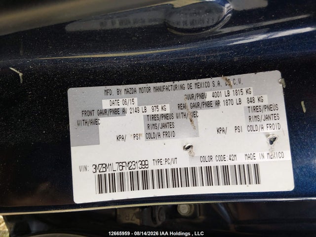 Mazda 3 TOURING 2015 3MZBM1L76FM231399 Image 9