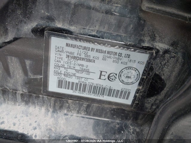 12665961 :رقم المزاد ، 3N1AB8CVXNY308474 vin ، 2022 Nissan Sentra Sv مزاد بيع