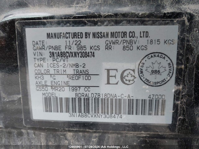 12665961 :رقم المزاد ، 3N1AB8CVXNY308474 vin ، 2022 Nissan Sentra Sv مزاد بيع