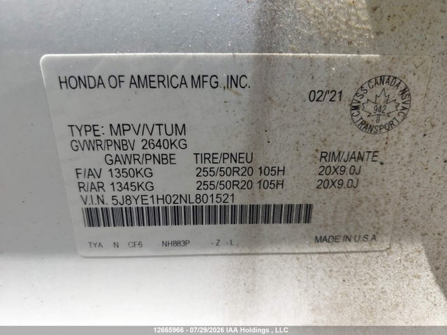 2022 Acura Mdx მანქანა იყიდება აუქციონზე, vin: 5J8YE1H02NL801521, აუქციონის ნომერი: 12665966