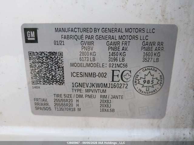Aukcja sprzedaży 2021 Chevrolet Traverse, vin: 1GNEVJKW0MJ160272, numer aukcji: 12665967