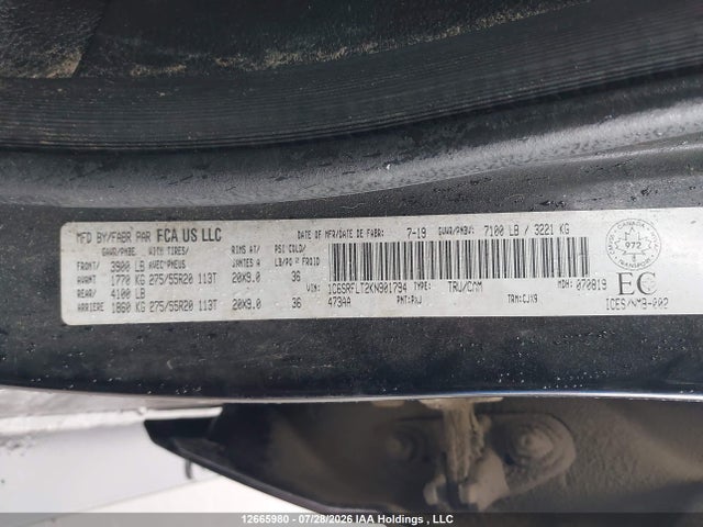 12665980 :رقم المزاد ، 1C6SRFLT2KN901794 vin ، 2019 Ram 1500 Rebel مزاد بيع