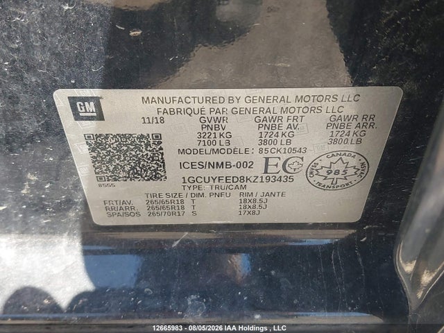 12665983 :رقم المزاد ، 1GCUYEED8KZ193435 vin ، 2019 Chevrolet Silverado 1500 Rst مزاد بيع