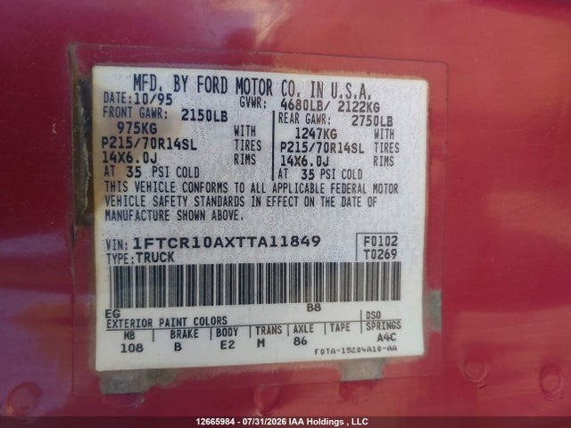 1996 Ford Ranger მანქანა იყიდება აუქციონზე, vin: 1FTCR10AXTTA11849, აუქციონის ნომერი: 12665984