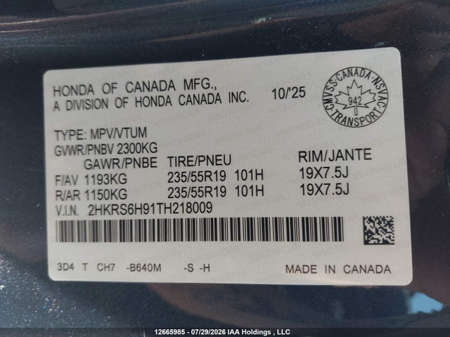 2026 Honda Cr-v Touring Hybrid მანქანა იყიდება აუქციონზე, vin: 2HKRS6H91TH218009, აუქციონის ნომერი: 12665985