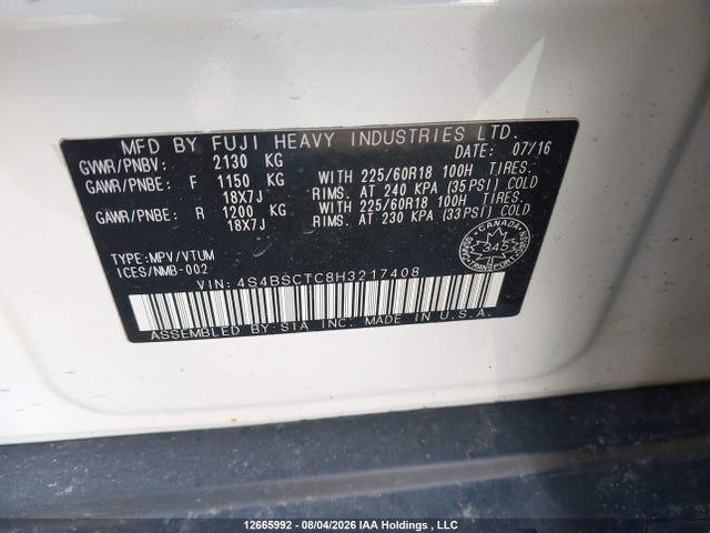 Aukcja sprzedaży 2017 Subaru Outback Touring, vin: 4S4BSCTC8H3217408, numer aukcji: 12665992