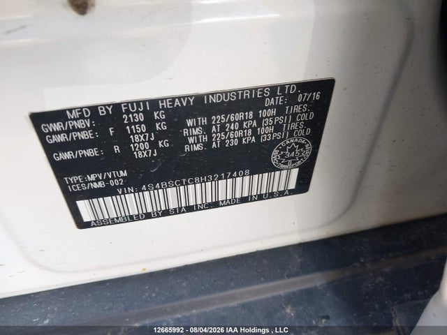Aukcja sprzedaży 2017 Subaru Outback Touring, vin: 4S4BSCTC8H3217408, numer aukcji: 12665992