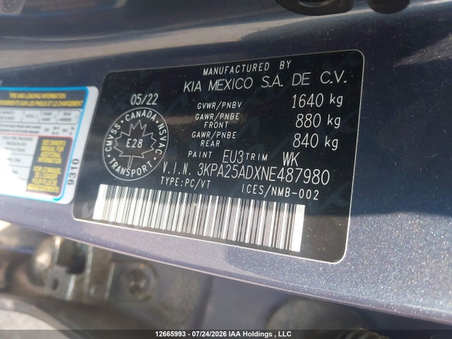 12665993 :رقم المزاد ، 3KPA25ADXNE487980 vin ، 2022 Kia Rio Lx Premium/lx+ مزاد بيع