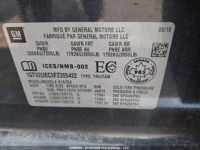 Aukcja sprzedaży 2015 Gmc Sierra K1500 Sle, vin: 1GTV2UEC3FZ355422, numer aukcji: 12666000