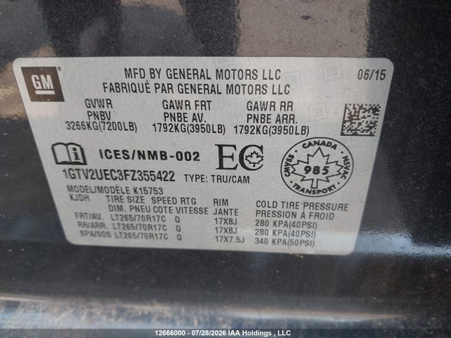 Aukcja sprzedaży 2015 Gmc Sierra K1500 Sle, vin: 1GTV2UEC3FZ355422, numer aukcji: 12666000