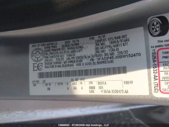 Aukcja sprzedaży 2011 Ford Fiesta Se, vin: 3FADP4EJ0BM152470, numer aukcji: 12666002