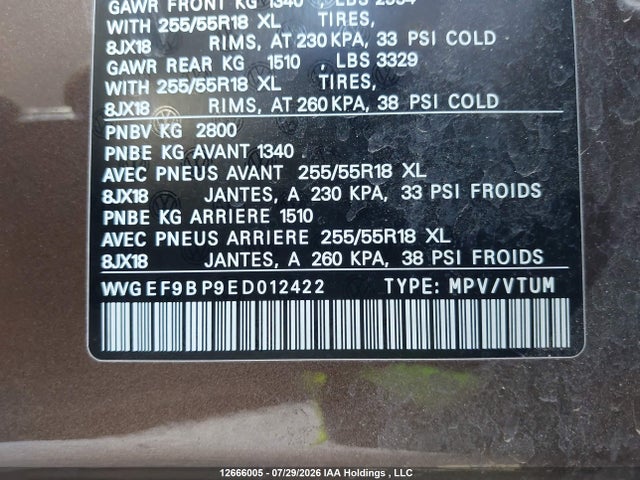 Продаж на аукціоні авто 2014 Volkswagen Touareg V6, vin: WVGEF9BP9ED012422, номер лоту: 12666005
