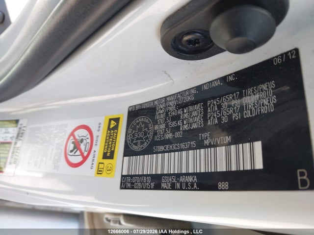 Aukcja sprzedaży 2012 Toyota Highlander V6, vin: 5TDBK3EH3CS163715, numer aukcji: 12666006