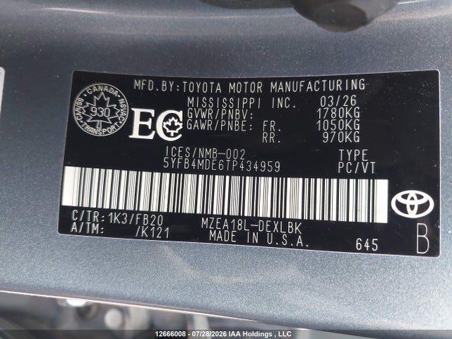 Auction sale of the 2026 Toyota Corolla Le, vin: 5YFB4MDE6TP434959, lot number: 12666008