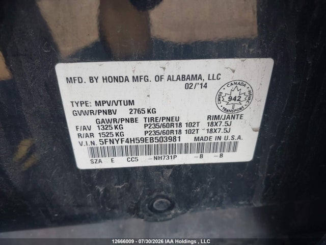 5FNYF4H59EB503981 Honda Pilot Ex-l
