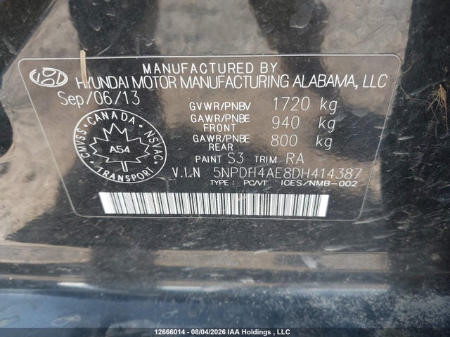 12666014 :رقم المزاد ، 5NPDH4AE8DH414387 vin ، 2013 Hyundai Elantra L مزاد بيع