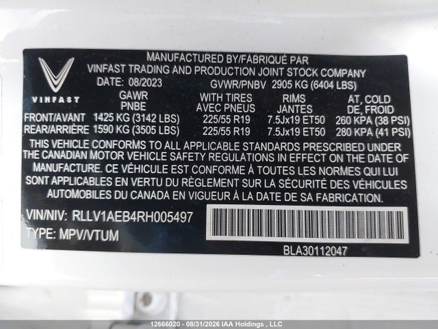 2024 Vinfast Vf 8 Eco მანქანა იყიდება აუქციონზე, vin: RLLV1AEB4RH005497, აუქციონის ნომერი: 12666020