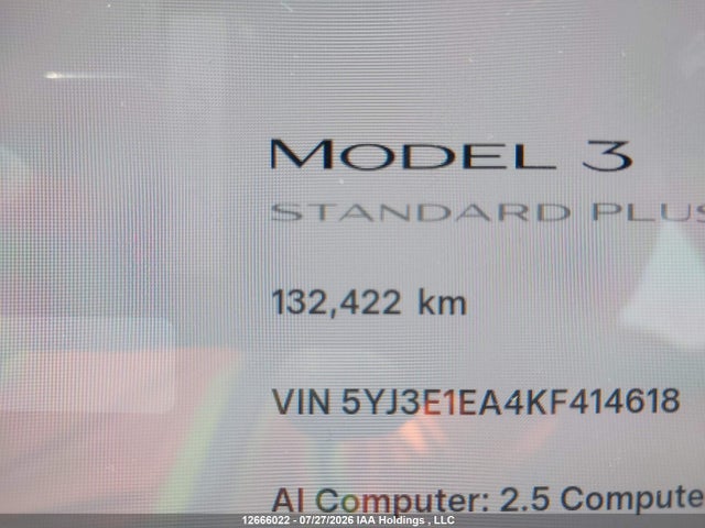 12666022 :رقم المزاد ، 5YJ3E1EA4KF414618 vin ، 2019 Tesla Model 3 Long Range/mid Range/standard Range/standard Range Plus مزاد بيع