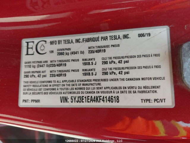 12666022 :رقم المزاد ، 5YJ3E1EA4KF414618 vin ، 2019 Tesla Model 3 Long Range/mid Range/standard Range/standard Range Plus مزاد بيع
