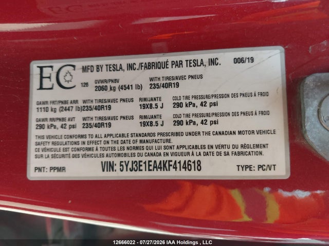 12666022 :رقم المزاد ، 5YJ3E1EA4KF414618 vin ، 2019 Tesla Model 3 Long Range/mid Range/standard Range/standard Range Plus مزاد بيع