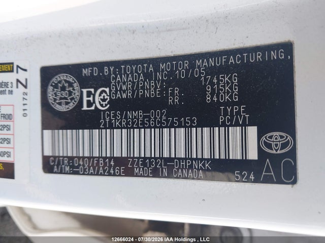 2006 Toyota Corolla Matrix Xr მანქანა იყიდება აუქციონზე, vin: 2T1KR32E56C575153, აუქციონის ნომერი: 12666024