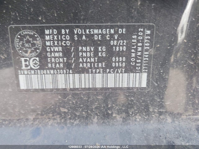2022 Volkswagen Jetta Highline მანქანა იყიდება აუქციონზე, vin: 3VWGM7BU8NM030974, აუქციონის ნომერი: 12666033