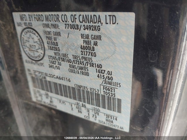 Продажа на аукционе авто 2003 Ford F-150 Lariat/xl/xlt, vin: 2FTPX18L23CA64116, номер лота: 12666039