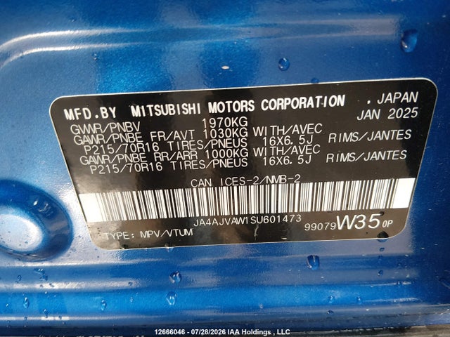 12666046 :رقم المزاد ، JA4AJVAW1SU601473 vin ، 2025 Mitsubishi Rvr مزاد بيع