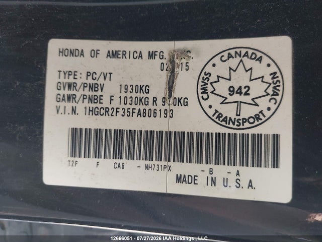 Honda ACCORD LX 2015 1HGCR2F35FA806193 Image 19
