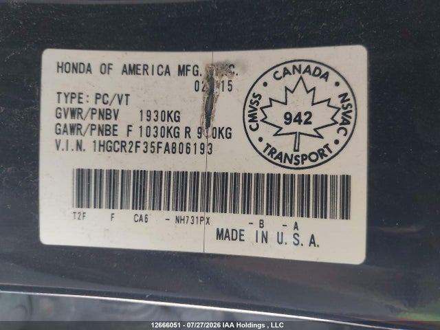 Honda ACCORD LX 2015 1HGCR2F35FA806193 Image 9