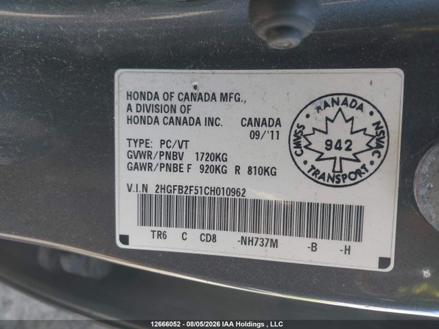 12666052 :رقم المزاد ، 2HGFB2F51CH010962 vin ، 2012 Honda Civic Lx مزاد بيع