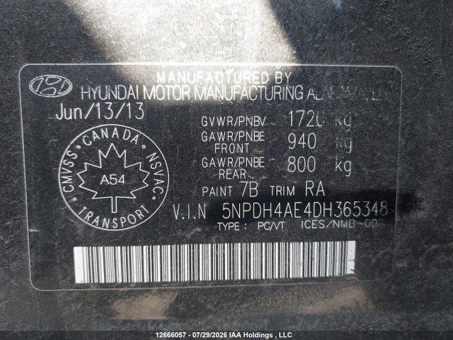 Продажа на аукционе авто 2013 Hyundai Elantra Gls, vin: 5NPDH4AE4DH365348, номер лота: 12666057