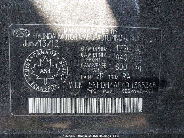 Продажа на аукционе авто 2013 Hyundai Elantra Gls, vin: 5NPDH4AE4DH365348, номер лота: 12666057