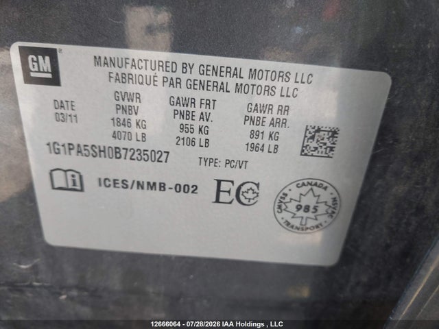 Aukcja sprzedaży 2011 Chevrolet Cruze Ls, vin: 1G1PA5SH0B7235027, numer aukcji: 12666064